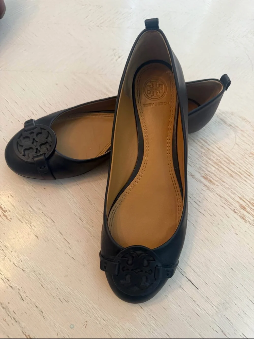 Tory Burch Black Leather Logo Ballet Flats